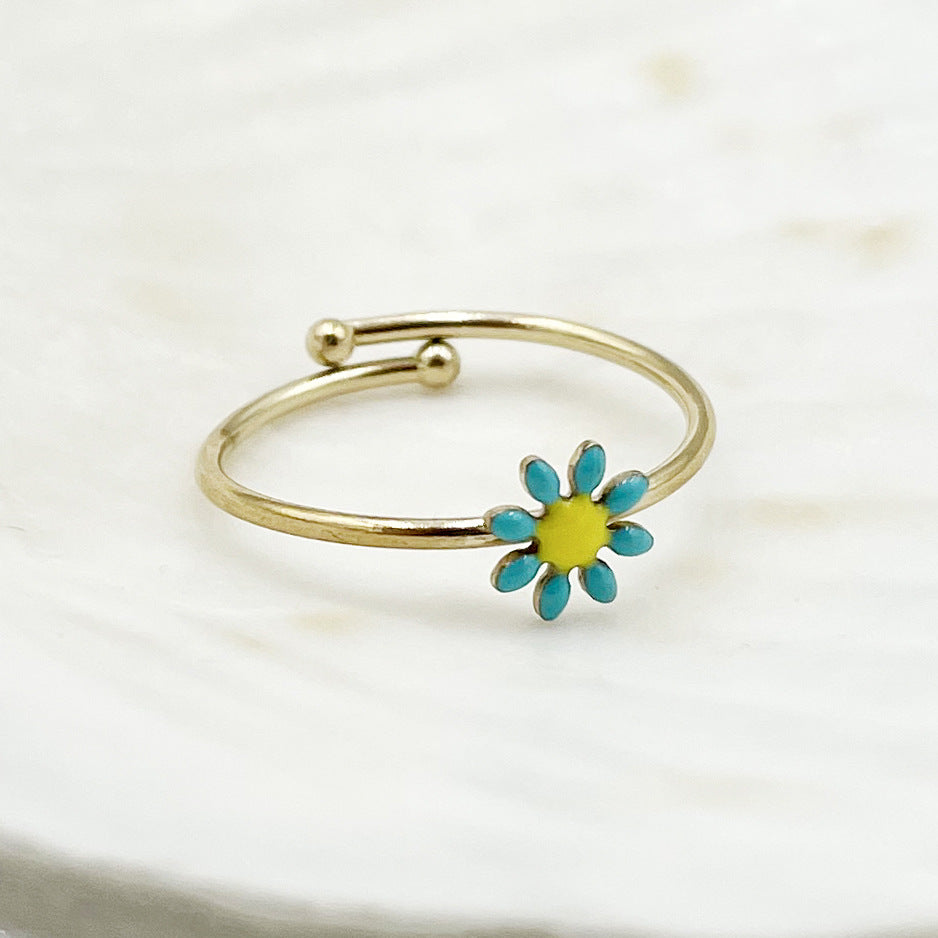 Wholesale Colorful Oil Drip Sunflower Adjustable Titanium Steel Ring